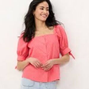 Women's Pink Puff Sleeve Swiss Dots Blouse Covered Buttons Knot Sleeve SZ Medium